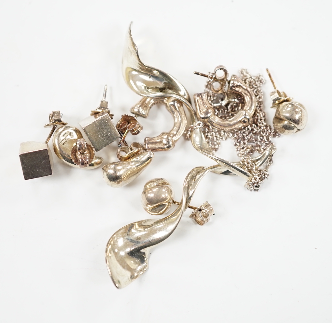 A small group of modern Tiffany & Co 925 jewellery, including a double drop necklace, 48cm and four pairs of earrings.